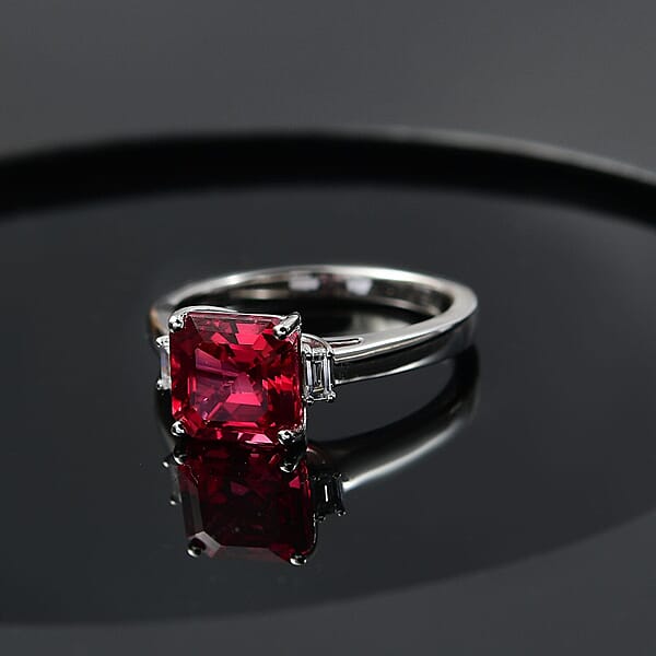 Certified & Appraised Luxuriant AAA Asscher Cut Lab Grown Padparadscha Sapphire And E-F VS Lab Grown Diamond 3.59 Ctw Ring In 10K White Gold