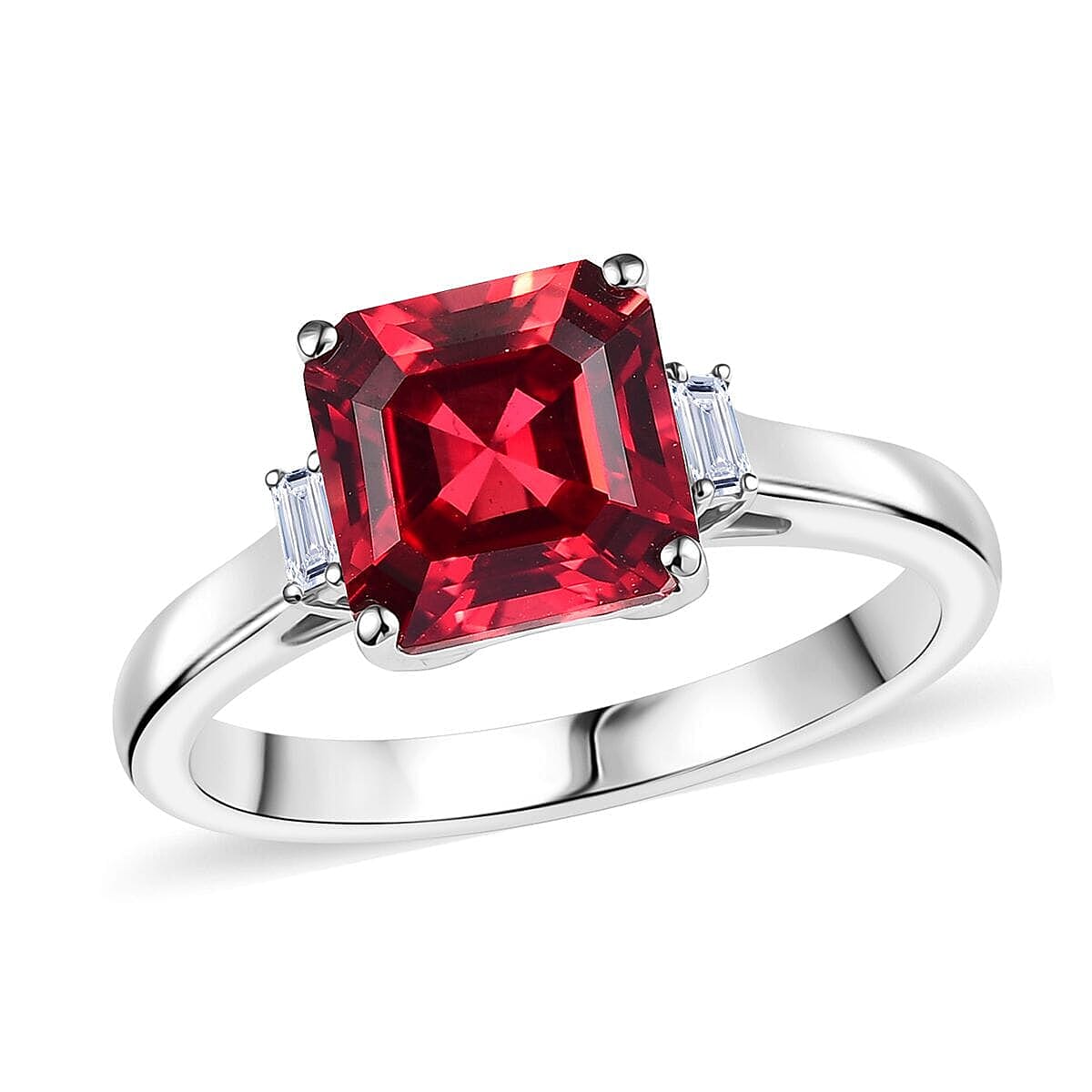 Certified & Appraised Luxuriant AAA Asscher Cut Lab Grown Padparadscha Sapphire and E-F VS Lab Grown Diamond 3.59 ctw Ring in 10K White Gold