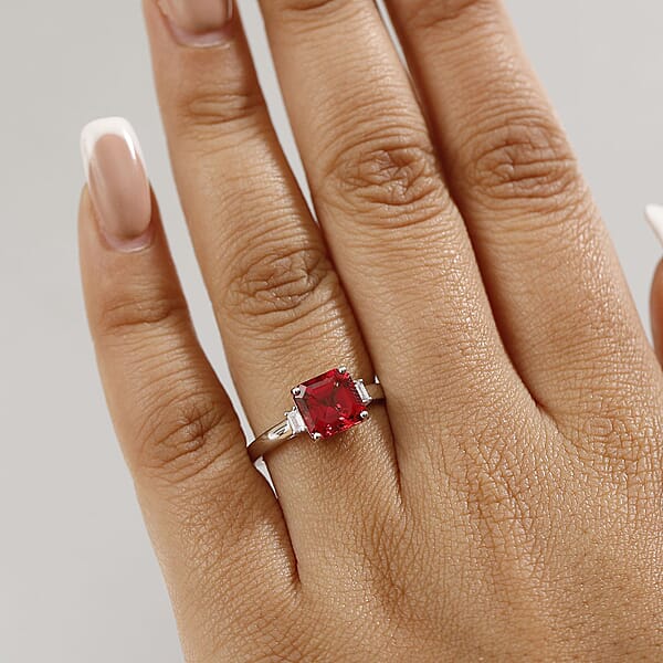 Certified & Appraised Luxuriant AAA Asscher Cut Lab Grown Padparadscha Sapphire And E-F VS Lab Grown Diamond 3.59 Ctw Ring In 10K White Gold