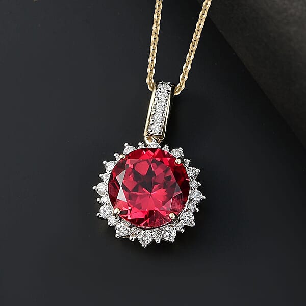 Certified & Appraised Luxuriant AAA Lab Grown Padparadscha Sapphire And E-F VS Lab Grown Diamond 5.50 Ctw Pendant Necklace In 10K Yellow Gold 18 Inches