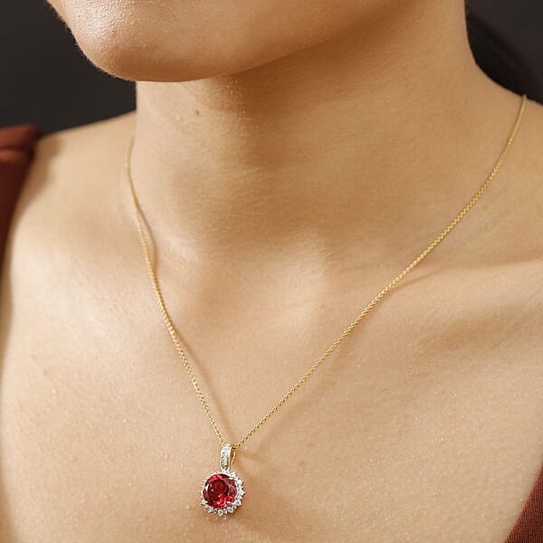 Certified & Appraised Luxuriant AAA Lab Grown Padparadscha Sapphire And E-F VS Lab Grown Diamond 5.50 Ctw Pendant Necklace In 10K Yellow Gold 18 Inches