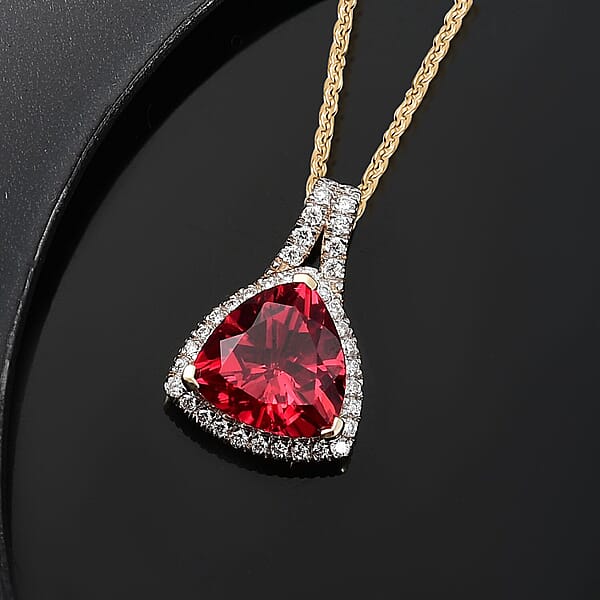 Certified & Appraised Luxuriant AAA Lab Grown Padparadscha Sapphire And E-F VS Lab Grown Diamond 5.07 Ctw Pendant Necklace In 10K Yellow Gold 18 Inches