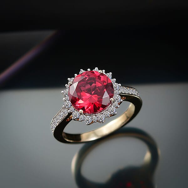 Certified & Appraised Luxuriant AAA Lab Grown Padparadscha Sapphire And E-F VS Lab Grown Diamond 5.50 Ctw Ring In 10K Yellow Gold