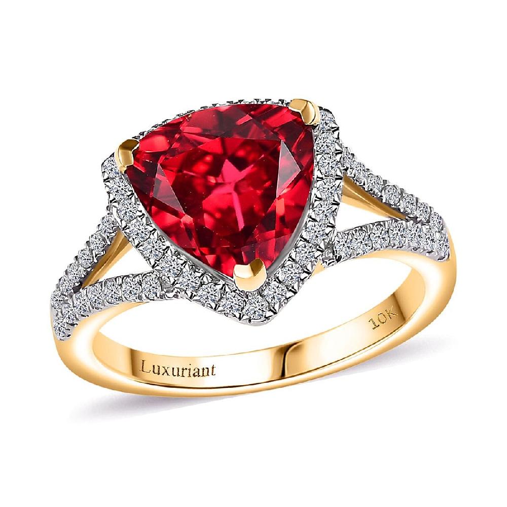 Certified & Appraised Luxuriant AAA Lab Grown Padparadscha Sapphire And E-F VS Lab Grown Diamond 5.28 Ctw Ring In 10K Yellow Gold