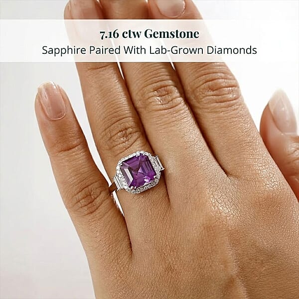 Certified & Appraised Luxuriant AAA Lab Grown Purple Sapphire And E-F VS Lab Grown Diamond 7.16 Ctw Ring In 10K White Gold