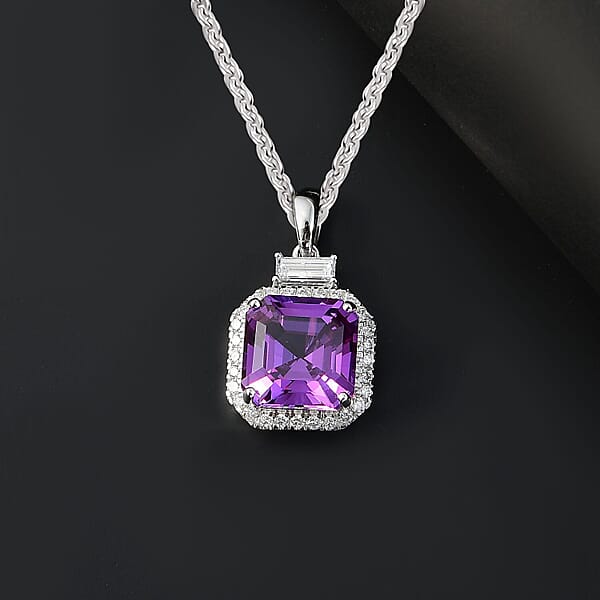 Certified & Appraised Luxuriant AAA Lab Grown Purple Sapphire And Lab Grown E-F VS Diamond 6.98 Ctw Pendant Necklace In 10K White Gold 18 Inches