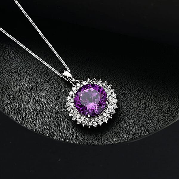 Certified & Appraised Luxuriant AAA Lab Grown Purple Sapphire And Lab Grown E-F VS Diamond 6.00 Ctw Pendant Necklace In 10K White Gold 18 Inches