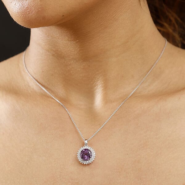 Certified & Appraised Luxuriant AAA Lab Grown Purple Sapphire And Lab Grown E-F VS Diamond 6.00 Ctw Pendant Necklace In 10K White Gold 18 Inches