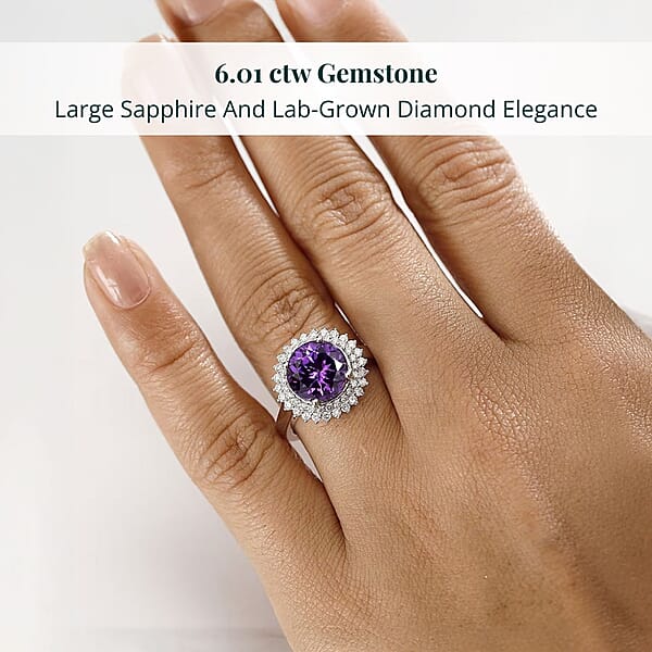 Certified & Appraised Luxuriant AAA Lab Grown Purple Sapphire And E-F VS Lab Grown Diamond 6.01 Ctw Double Halo Ring In 10K White Gold