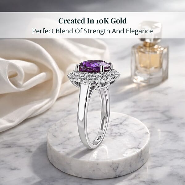 Certified & Appraised Luxuriant AAA Lab Grown Purple Sapphire And E-F VS Lab Grown Diamond 6.01 Ctw Double Halo Ring In 10K White Gold