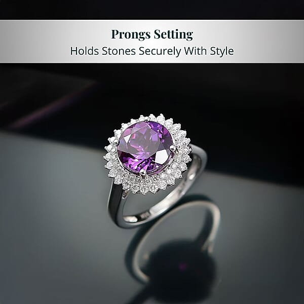 Certified & Appraised Luxuriant AAA Lab Grown Purple Sapphire And E-F VS Lab Grown Diamond 6.01 Ctw Double Halo Ring In 10K White Gold