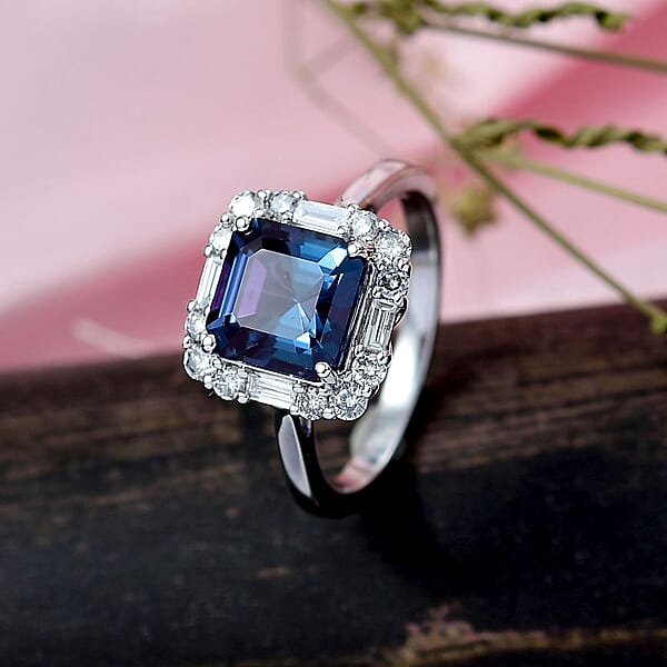 Certified & Appraised Luxuriant Asscher Cut AAA Lab Grown Alexandrite And Diamond G-H SI 3.56 Ctw Ring In 10K White Gold