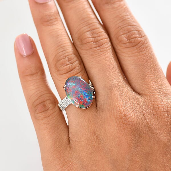 Certified & Appraised Premium Elysian Opal (Triplet) And G-H SI Luxuriant Lab Grown Diamond 6.67 Ctw Ring In 10K White Gold