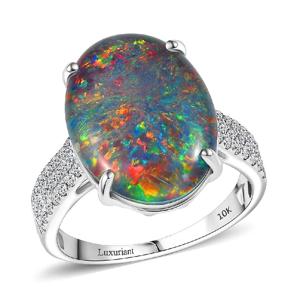 Certified & Appraised Premium Elysian Opal (Triplet) and G-H SI Luxuriant Lab Grown Diamond 6.67 ctw Ring in 10K White Gold