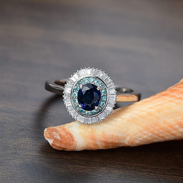 Certified & Appraised Rhapsody 950 Platinum AAA Ceylon Blue Sapphire Paraiba Tourmaline And Diamond (E-F VS2) (0.30 Cts) Ring 1.50 Ctw