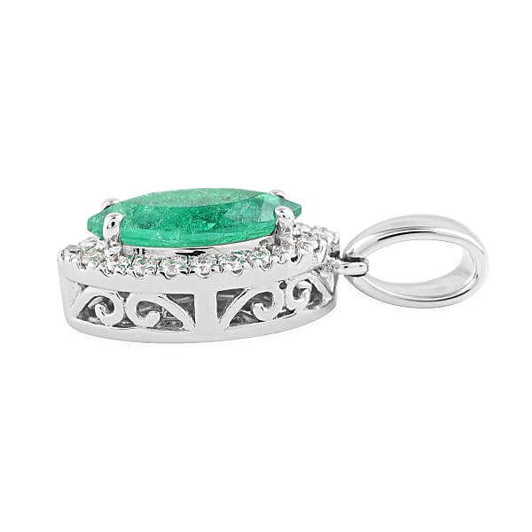 Certified & Appraised Rhapsody 950 Platinum AAAA Boyaca Colombian Emerald And E-F VS Diamond Halo Pendant 1.20 Ctw