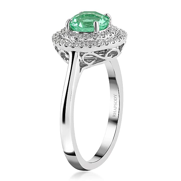 Certified & Appraised Rhapsody 950 Platinum AAAA Boyaca Colombian Emerald And E-F VS Diamond Double Halo Ring 5.30 Grams 1.20 Ctw