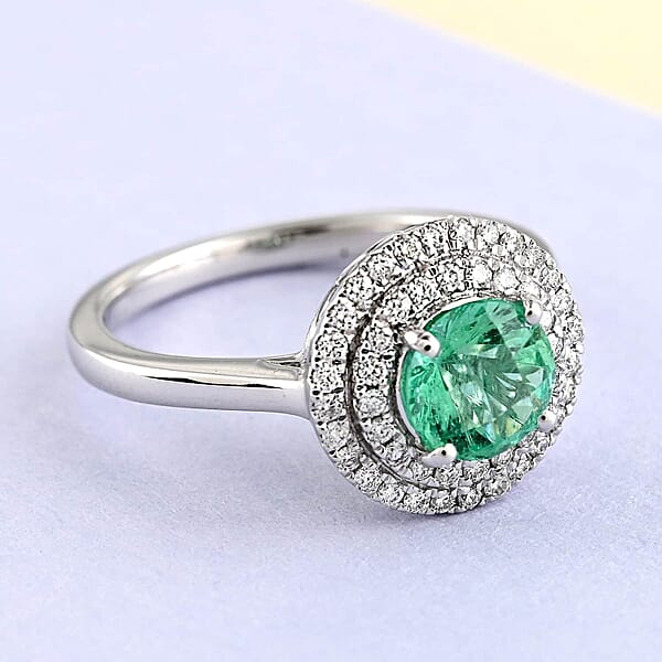 Certified & Appraised Rhapsody 950 Platinum AAAA Boyaca Colombian Emerald And E-F VS Diamond Double Halo Ring 5.30 Grams 1.20 Ctw