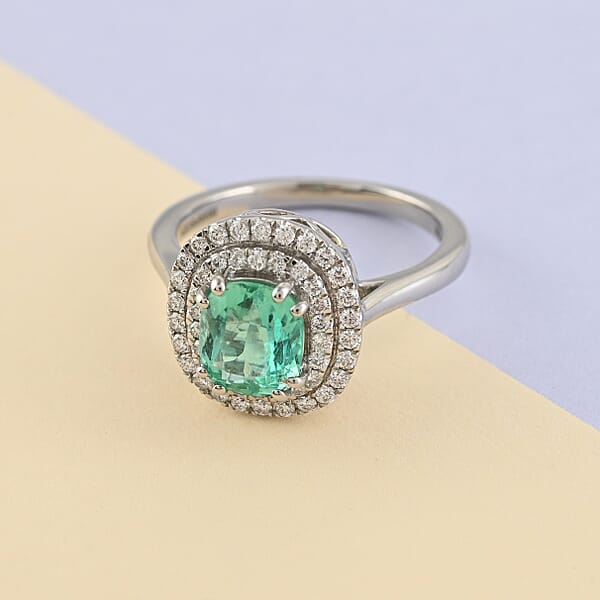 Certified & Appraised Rhapsody 950 Platinum AAAA Boyaca Colombian Emerald Diamond (E-F VS) (0.30 Cts) Double Ring (6.90 G) 1.40 Ctw