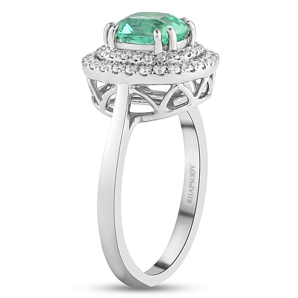Certified & Appraised Rhapsody 950 Platinum AAAA Boyaca Colombian Emerald Diamond (E-F VS) (0.30 Cts) Double Ring (6.90 G) 1.40 Ctw