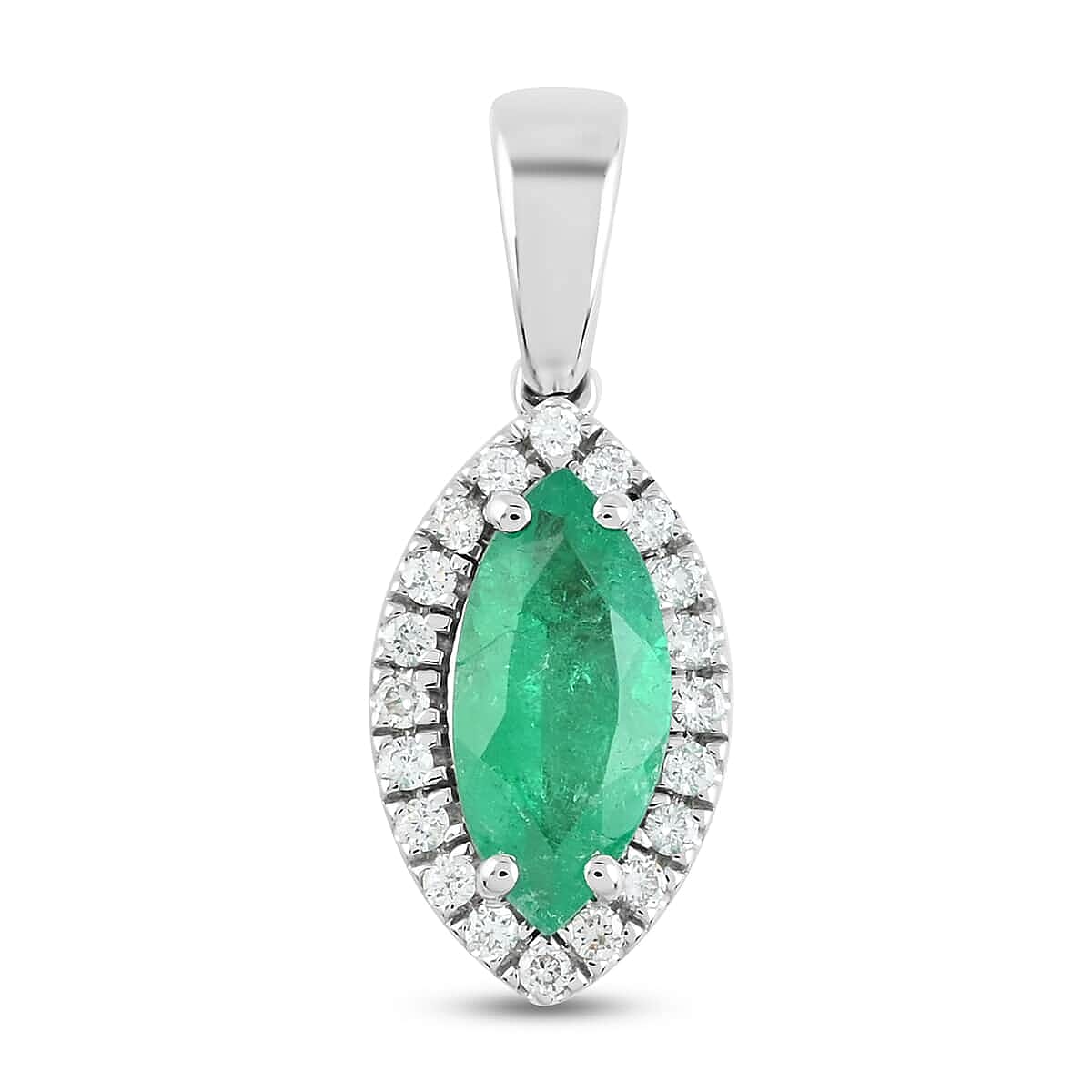 Certified & Appraised Rhapsody 950 Platinum AAAA Boyaca Colombian Emerald and E-F VS Diamond Halo Pendant 1.20 ctw
