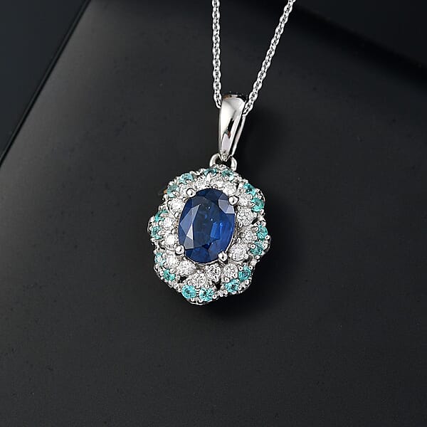 Certified & Appraised Rhapsody 950 Platinum AAAA Ceylon Blue Sapphire Paraiba Tourmaline And E-F VS Diamond 1.50 Ctw Pendant Necklace 20 Inches