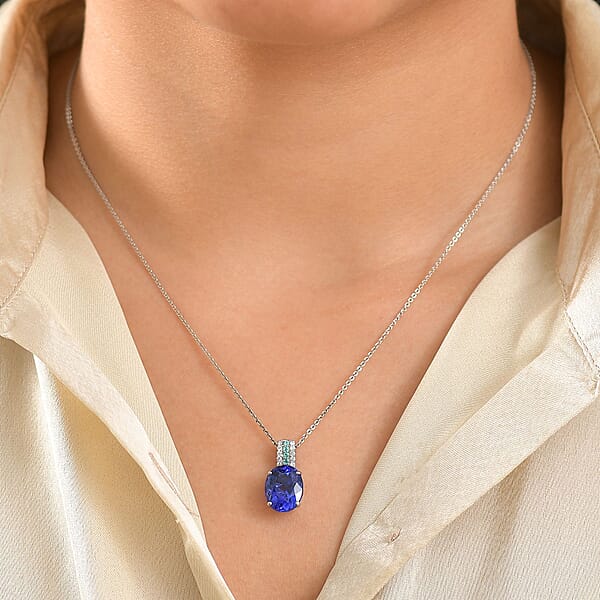 Certified & Appraised Rhapsody 950 Platinum AAAA Ceylon Blue Sapphire Paraiba Tourmaline And E-F VS Diamond 1.50 Ctw Pendant Necklace 20 Inches