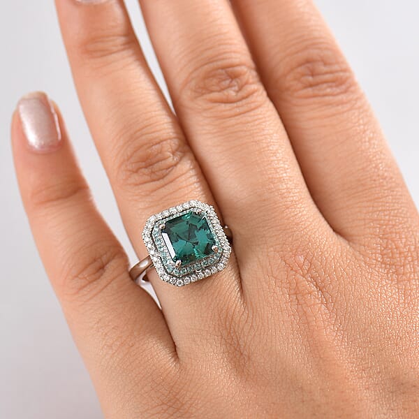 Certified & Appraised Rhapsody 950 Platinum AAAA Lagoon Tourmaline Paraiba Tourmaline And Diamond (E-F VS2) (0.17 Cts) Ring (9.40 G) 6.15 Ctw