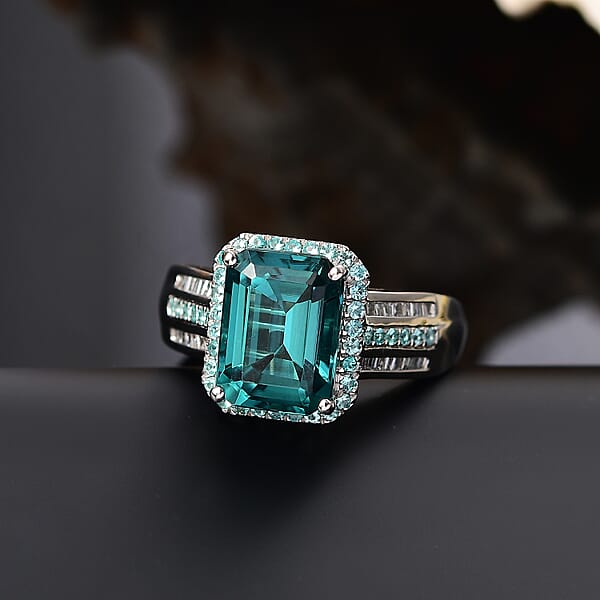 Certified & Appraised Rhapsody 950 Platinum AAAA Lagoon Tourmaline Paraiba Tourmaline And Diamond (E-F VS2) (0.17 Cts) Ring (9.40 G) 6.15 Ctw