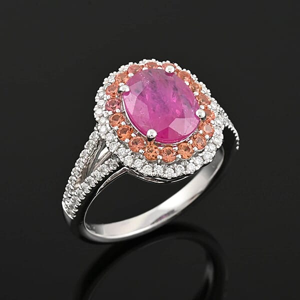 Certified & Appraised Rhapsody 950 Platinum AAAA Mozambique Ruby Songea Sapphire Diamond (E-F VS) (0.3 Cts) Ring (8 G) 2.50 Ctw