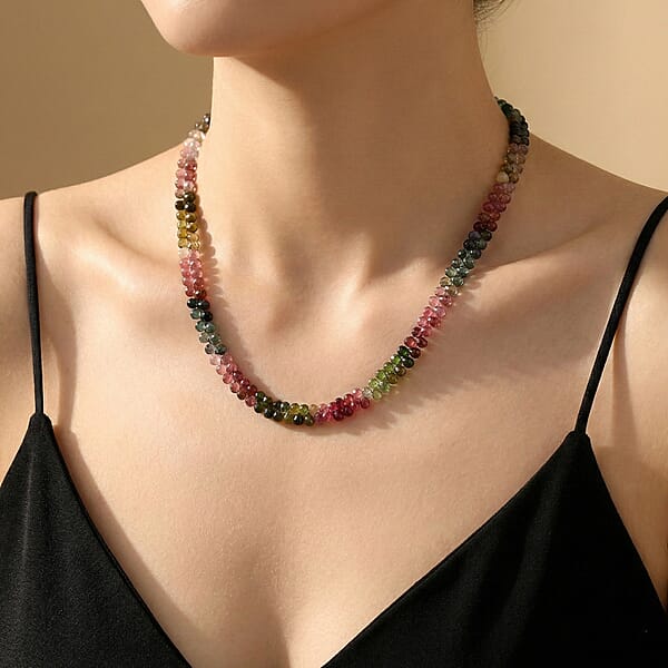 Certified & Appraised Rhapsody 950 Platinum AAAA Multi-Tourmaline Beaded Graduated Necklace 18 Inches With 2 Inch Extender 165.00 Ctw