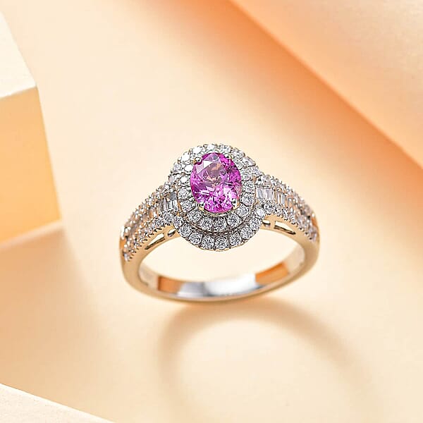 Certified & Appraised Rhapsody 950 Platinum AAAA Padparadscha Sapphire Diamond (E-F VS2) (01.78 Cts) Ring (6.55 G) 1.75 Ctw