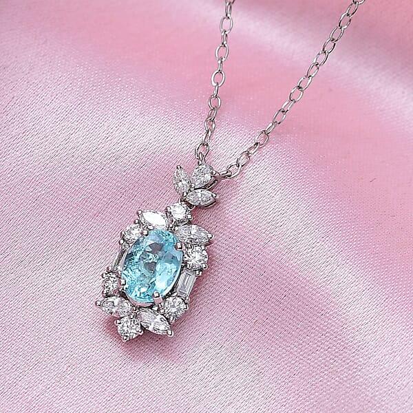 Certified & Appraised Rhapsody 950 Platinum AAAA Paraiba Tourmaline And E-F VS2 Diamond 2.10 Ctw Floral Necklace 18 Inches 4.5 Grams