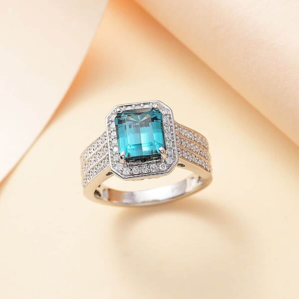 Certified & Appraised Rhapsody 950 Platinum AAAA Pirineu Lagoon Tourmaline Diamond (E-F VS2) (0.63 Cts) Ring (10 G) 3.86 Ctw