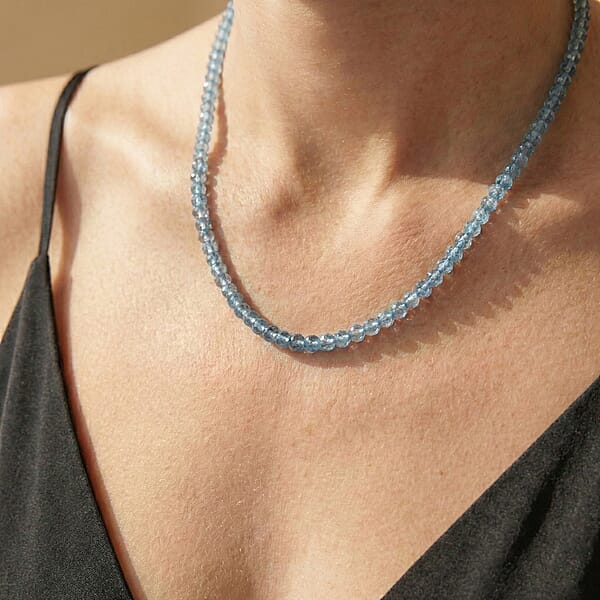 Certified & Appraised Rhapsody 950 Platinum AAAA Santa Maria Aquamarine Graduated Single Strand Beaded Necklace 18 Inches 60.00 Ctw