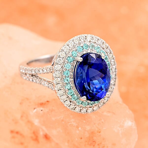 Certified & Appraised Rhapsody 950 Platinum AAAA Tanzanite And Paraiba Tourmaline E-F VS Diamond Ring 10.60 Grams 5.55 Ctw