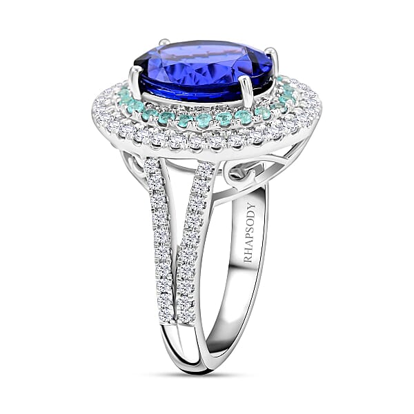 Certified & Appraised Rhapsody 950 Platinum AAAA Tanzanite And Paraiba Tourmaline E-F VS Diamond Ring 10.60 Grams 5.55 Ctw