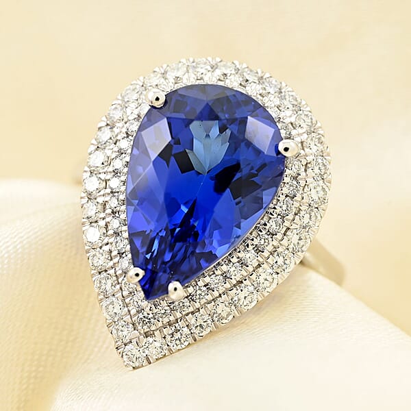 Certified & Appraised Rhapsody 950 Platinum AAAA Tanzanite And E-F VS Diamond Double Halo Ring 9.10 Grams 7.85 Ctw
