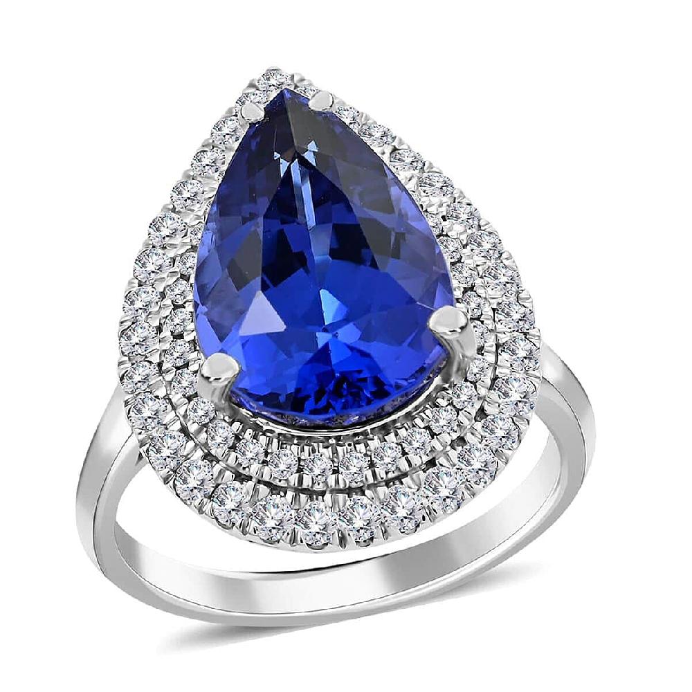 Certified & Appraised Rhapsody 950 Platinum AAAA Tanzanite and E-F VS Diamond Double Halo Ring 9.10 Grams 7.85 ctw