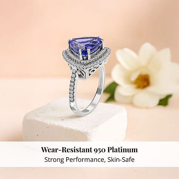 Certified & Appraised Rhapsody 950 Platinum AAAA Tanzanite And E-F VS Diamond Double Halo Ring 8 Grams 5.00 Ctw