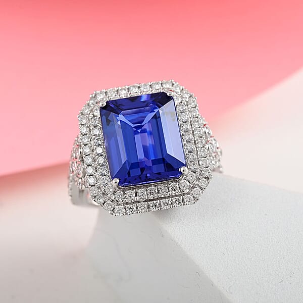 Certified & Appraised Rhapsody 950 Platinum AAAA Tanzanite And Diamond E-F VS Double Halo Ring 11.40 Grams 8.10 Ctw