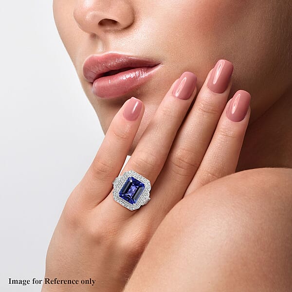 Certified & Appraised Rhapsody 950 Platinum AAAA Tanzanite And Diamond E-F VS Double Halo Ring 11.40 Grams 8.10 Ctw