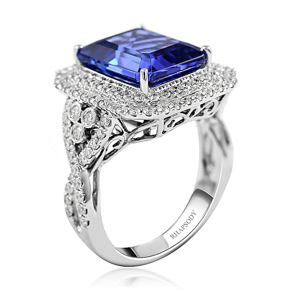 Certified & Appraised Rhapsody 950 Platinum AAAA Tanzanite And Diamond E-F VS Double Halo Ring 11.40 Grams 8.10 Ctw