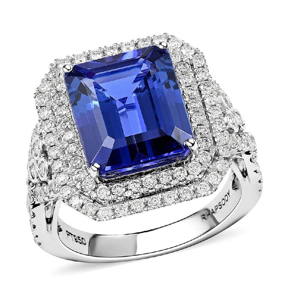 Certified & Appraised Rhapsody 950 Platinum AAAA Tanzanite and Diamond E-F VS Double Halo Ring 11.40 Grams 8.10 ctw