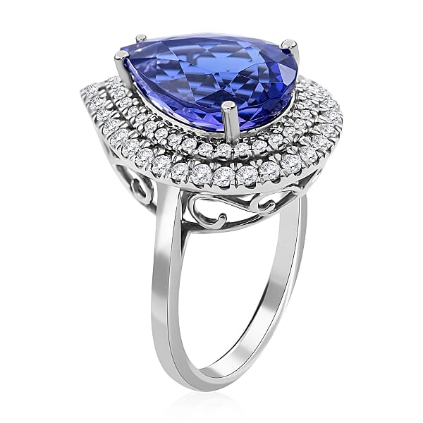 Certified & Appraised Rhapsody 950 Platinum AAAA Tanzanite And E-F VS Diamond Double Halo Ring 9.10 Grams 7.85 Ctw