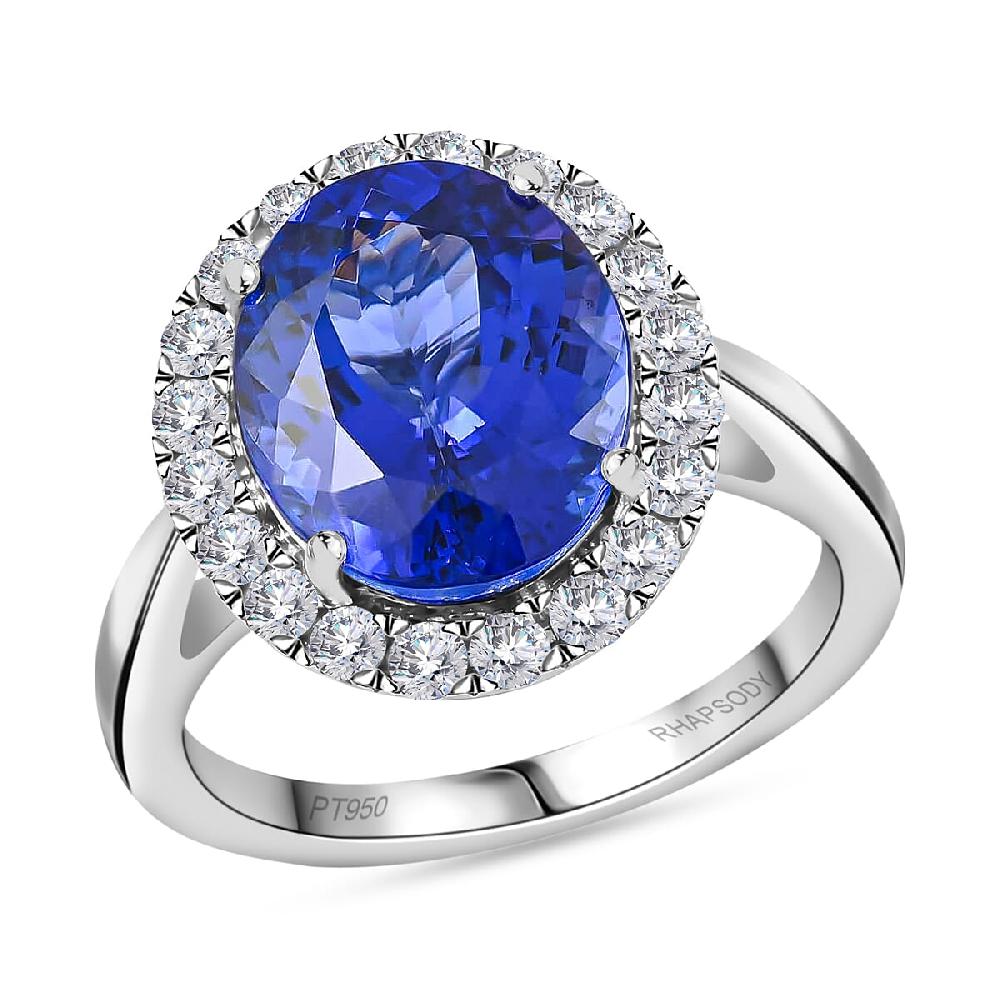 Certified & Appraised Rhapsody 950 Platinum AAAA Tanzanite and E-F VS Diamond Halo Ring 8 Grams 6.40 ctw