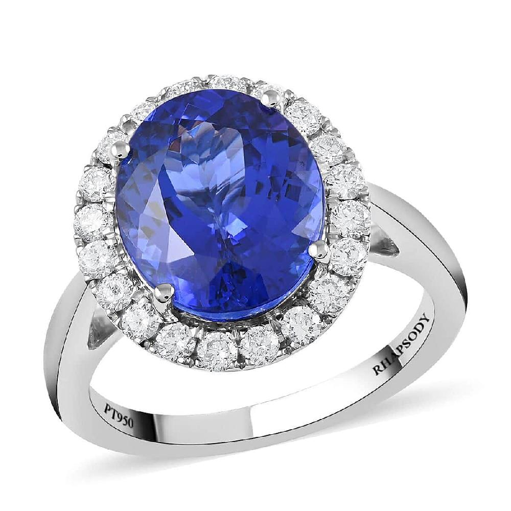 Certified & Appraised Rhapsody 950 Platinum AAAA Tanzanite and E-F VS Diamond Halo Ring 8 Grams 6.40 ctw