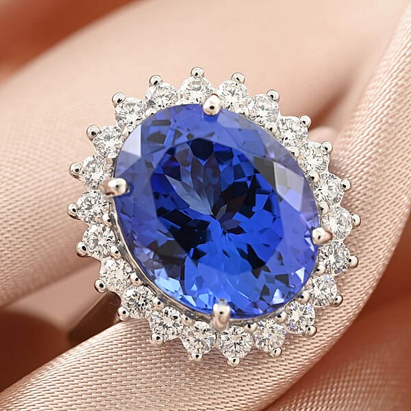 Certified & Appraised Rhapsody 950 Platinum AAAA Tanzanite And E-F VS Diamond Sunburst Ring 6.90 Grams 5.75 Ctw