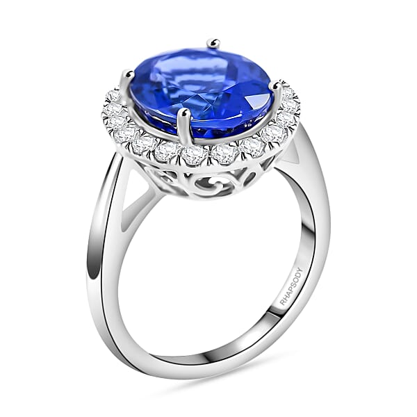 Certified & Appraised Rhapsody 950 Platinum AAAA Tanzanite And E-F VS Diamond Halo Ring 8 Grams 6.40 Ctw