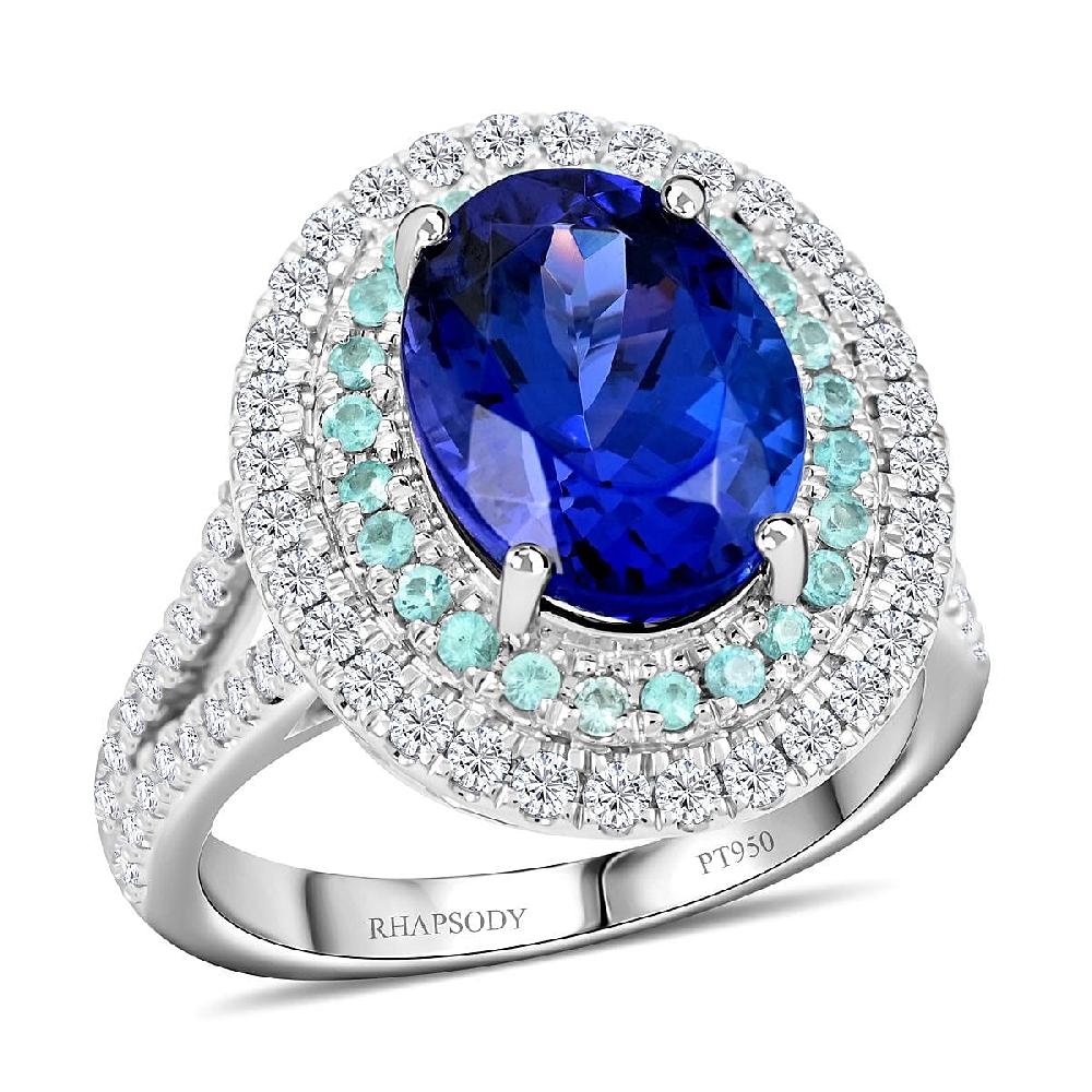 Certified & Appraised Rhapsody 950 Platinum AAAA Tanzanite and Paraiba Tourmaline E-F VS Diamond Ring 10.60 Grams 5.55 ctw